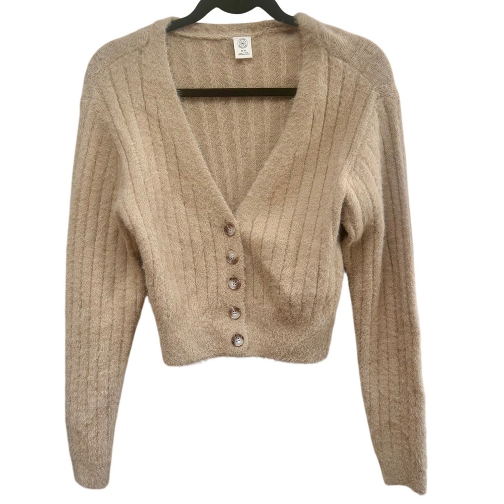 Urban Outfitters Fuzzy Ribbed Cropped Cardigan Beige M M‎